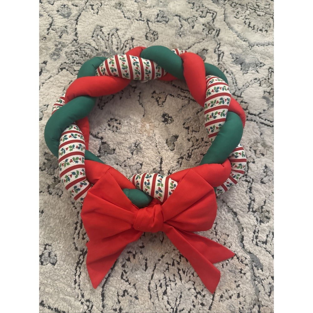 Vintage 70s Christmas Wreath Quilted Stuffed Fabric Handmade Retro Decor 13"